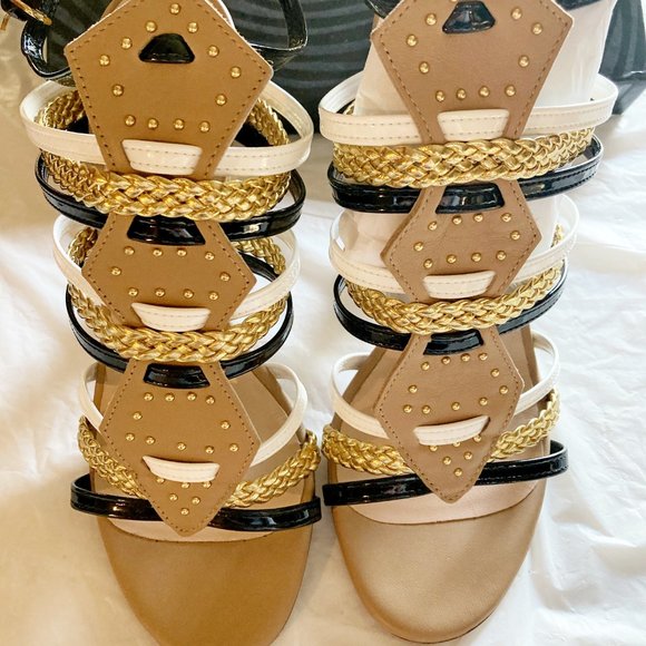 Just Cavalli women's 39 EU gold braided strappy buckle chunky heel sandals - Picture 4 of 7